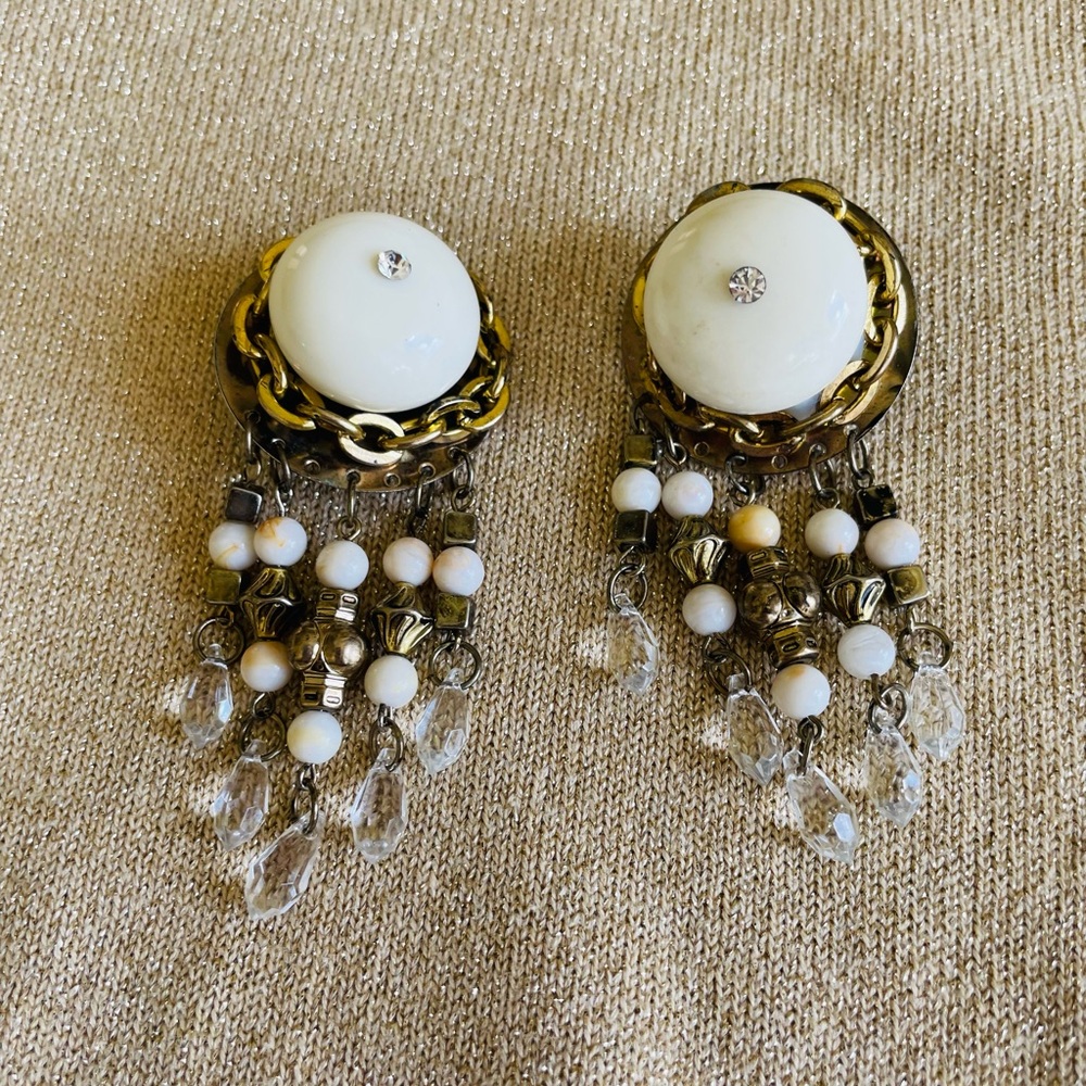 Vintage 80s Beaded Chunky Clip Earrings. 3.5”